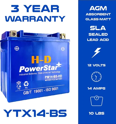PowerStar Batería YTX14 BS ATV de alto rendimiento, sin mantenimiento, sellada AGM YTX14-BS, batería de motocicleta compatible con Honda TRX FL 350