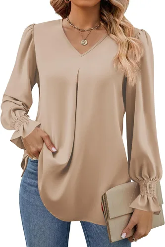 Miniatura 26 de Funlingo Blusas de mujer con mangas largas 2025, elegantes y casuales, con cuello en V, túnica suelta de gasa para el trabajo