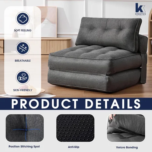 Miniatura 4 de KINGYES Silla de Cama Plegable, Silla Convertible 3 en 1 con Almohada, Silla Futón Plegable para Sala de Estar, Gris Gris (Mist Gray)