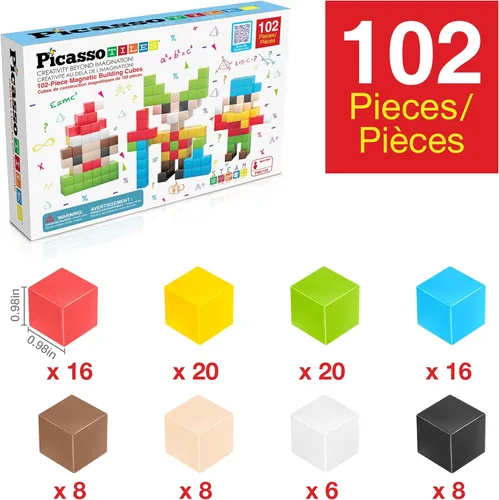 Miniatura 3 de PicassoTiles 102 piezas Cubo de rompecabezas magnético de píxeles de 1" Mezcla y combina juguetes con Ideabook STEM Educación de aprendizaje Bloques