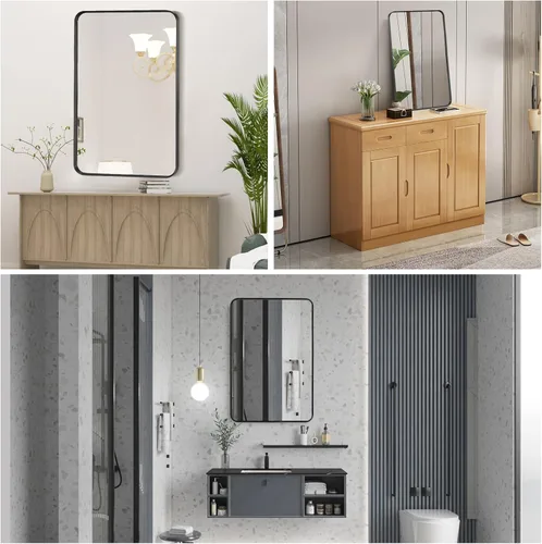 Miniatura 7 de Espejo de montaje en pared para baño, espejo rectangular de tocador rectangular con marco de metal negro cepillado (16 x 20 pulgadas, negro)