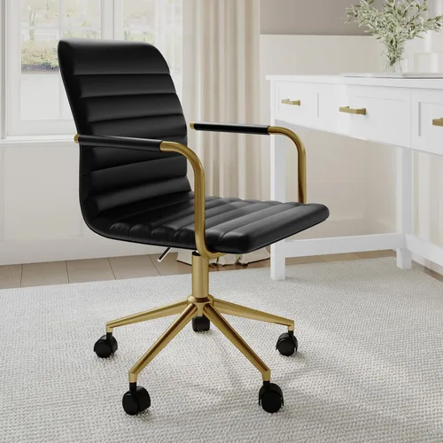 Miniatura 6 de Martha Stewart Taytum - Silla giratoria de escritorio con reposabrazos para oficina en casa, en cuero sintético negro con marco de latón pulido