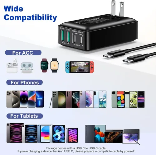 Miniatura 7 de Bloque de cargador USB C, 40 W, plano de 4 puertos, enchufe de pared USB de doble PD QC, adaptador de corriente de viaje de carga rápida multipuerto