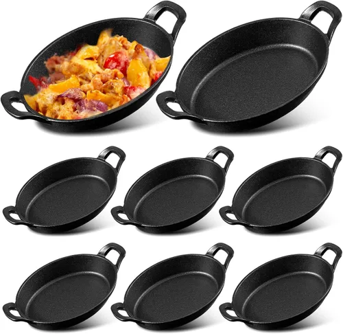 Miniatura 7 de Mifoci Paquete de 8 mini fajitas de hierro fundido, 7.1 x 4.7 pulgadas, sartén ovalada para carne, juego de moldes pequeños, cacerola negra