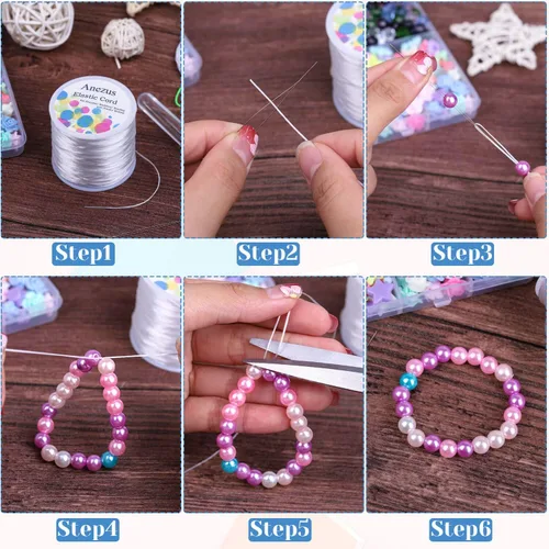 Miniatura 5 de anezus - Cuerda elástica para pulseras, cordón elástico de cuentas de joyería con 2 agujas grandes para cuentas de semillas, cuentas de poni