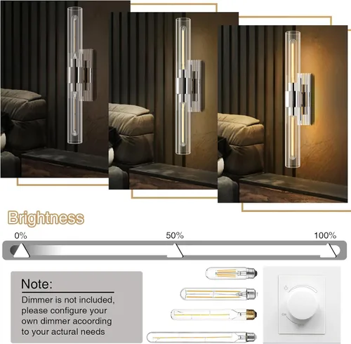 Miniatura 6 de YUYI Juego de 2 apliques de pared de níquel, 22.8 pulgadas, para interiores, con pantalla de cristal transparente, luces de pared para baño, sala