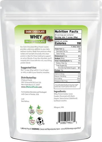 Miniatura 2 de Z Natural Foods Aislado de proteína de suero de chocolate oscuro, proteína en polvo natural con cero azúcar, enriquecido con proteínas vitales