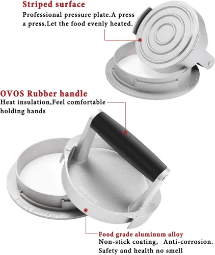Miniatura 2 de OVOS Prensa de hamburguesas de grosor ajustable 3 en 1, molde antiadherente de aluminio para hacer hamburguesas con 100 papeles de cera