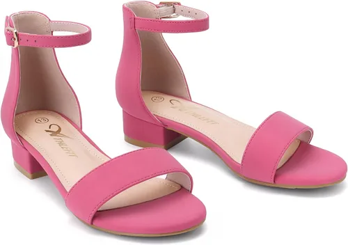 Miniatura 59 de Athlefit Sandalias para niñas, puntera abierta, correa en el tobillo, tacones bajos, zapatos de vestir para niñas pequeñas y grandes
