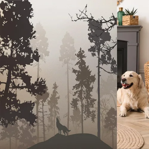 Miniatura 23 de Película de vidrio esmerilado de pino para ventana, bosque de coníferas silvestres en la mañana, siluetas de árbol de niebla para decoración