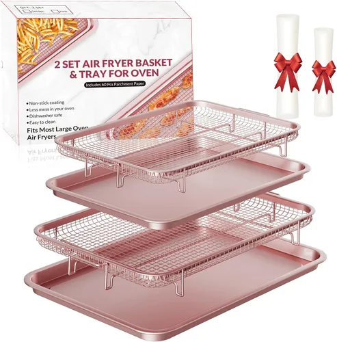 Miniatura 12 de Cesta de Freidora de Aire para Horno, Juego de 2 Bandejas de Freidora de Aire y Bandeja Crujiente con 60 Piezas de Papel Pergamino, Cesta y Bandeja