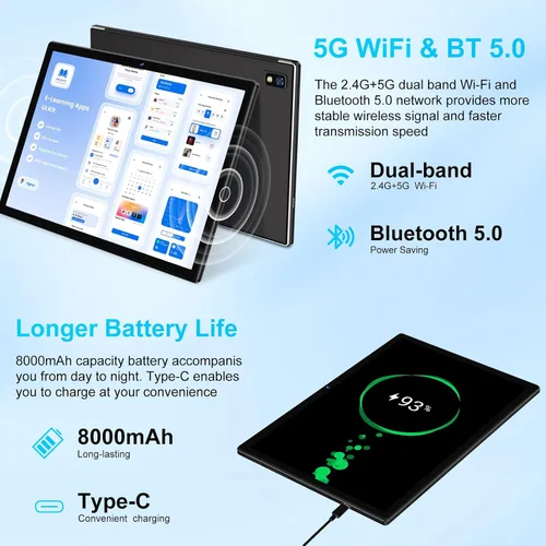 Miniatura 5 de Tablet 2026, tabletas Android 15 de 10 pulgadas 22GB+128GB+1TB Expand, tableta electrónica 2 en 1 Octa-Core con funda de teclado y mouse, batería