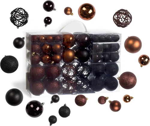 Miniatura 3 de 100 bolas de adorno de Navidad marrones y negras inastillables + 100 ganchos de metal para adornos, adornos colgantes para árbol de Navidad