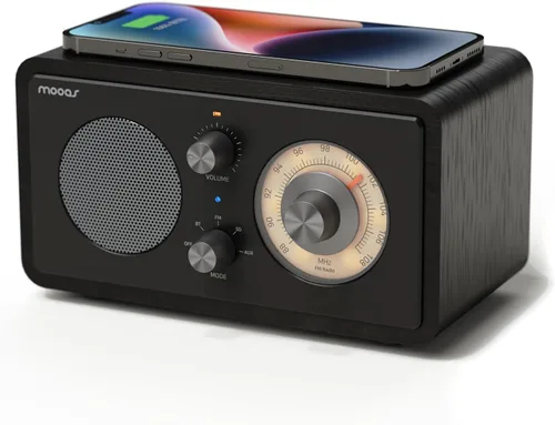 mooas Radio de carga inalámbrica con esfera clásica, altavoz Bluetooth retro (negro), cargador inalámbrico máximo de 10 W, radio FM, modo SD/Aux,