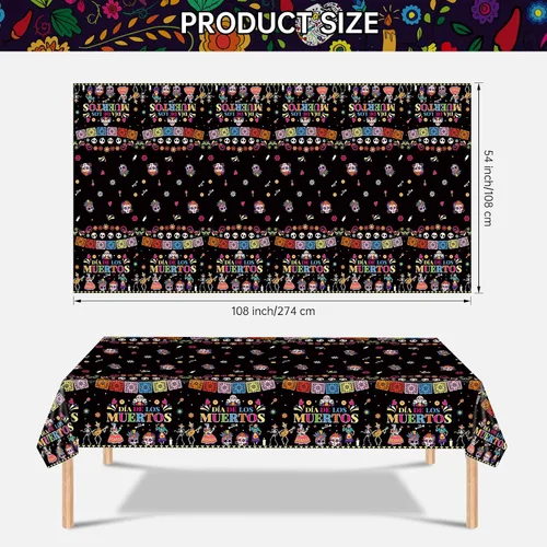 Miniatura 3 de 2 Piezas Mantel del Día de los Muertos - Mantel de Plástico Dia De Los Muertos, Mantel Desechable con Calavera de Azúcar Floral Cubierta de Mesa