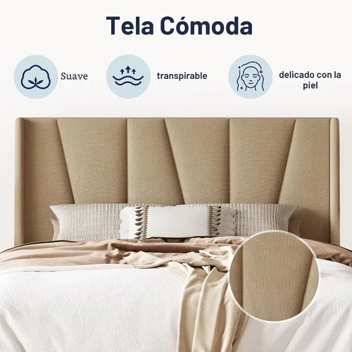 Miniatura 6 de Allewie Base de cama de plataforma tamaño Queen con cabecera geométrica con respaldo de alas, cama tapizada bohemia con soporte de listones de Beige