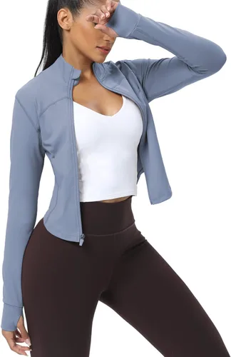 Miniatura 7 de AVGO Chaquetas de entrenamiento recortadas para mujer, con cremallera, ajustadas, atléticas, con agujeros para el pulgar