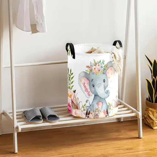 Miniatura 3 de Cestas de lavandería personalizadas con diseño de elefante y flores rosas con nombre, cestas de almacenamiento plegables con asas para playa y Multi