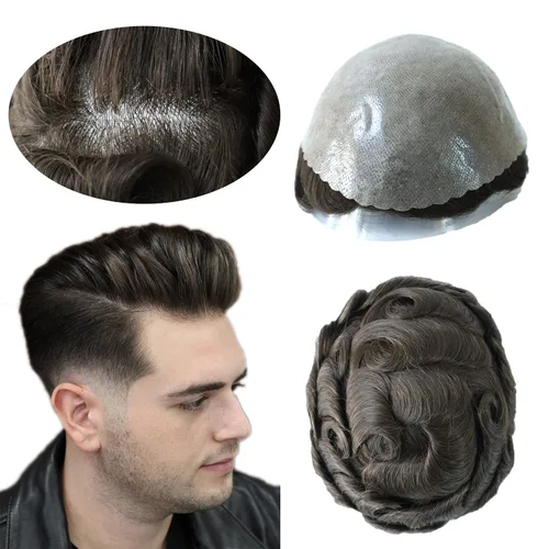 HAIR NATURE Cabello humano Toupee para hombre, sistemas de reemplazo de cabello para hombres, 0.005 in polivinílico anudado festoneado frontal #3