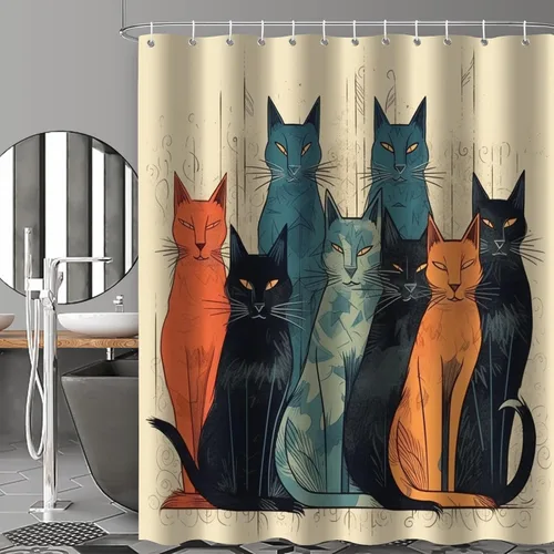 Miniatura 2 de YLATY1519 - Cortina de ducha abstracta de gatos para baño, divertido juego de cortina de ducha estilo hippie con diseño bohemio, tela moderna e