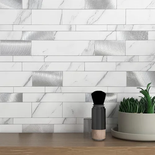 Miniatura 8 de VAOVI Azulejos autoadhesivos para salpicaduras de cocina, azulejos estilo metro lineal de mosaico de piedra para baño, pared de ducha impermeable