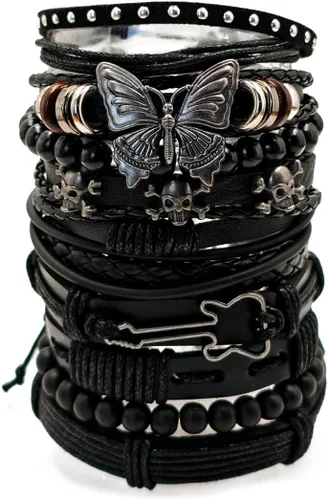 Juego de 10 pulseras de piel sintética estilo punk negro – Envolturas ajustables para hombres y mujeres, perfecto para atuendo casual y regalo