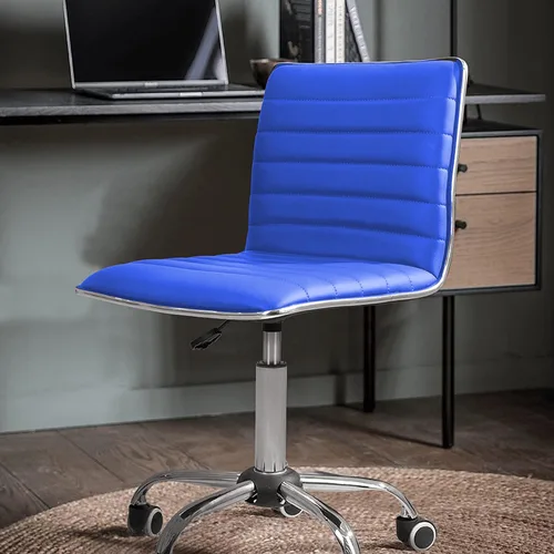 Miniatura 7 de JUMMICO Silla de oficina de tocador sin brazos con ruedas, pequeña y bonita silla de escritorio de maquillaje de cuero acanalado giratoria para Azul