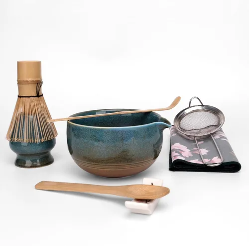 Joyscale Juego de batidor de matcha, juego de batidor y cuenco, juego de 8 piezas de kit de matcha (diseño antiguo de horno), 14 onzas, juego de té