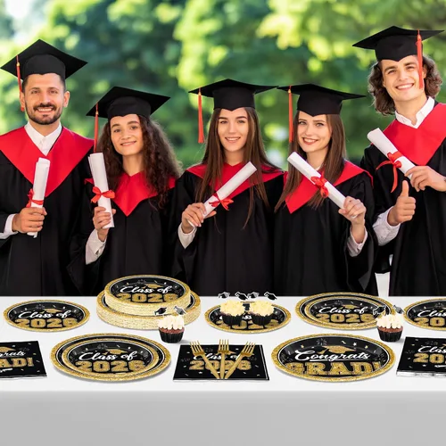Miniatura 8 de QZYL 200 suministros para fiesta de graduación 2026, platos y servilletas de graduación negros y dorados, platos de postre desechables y tenedores