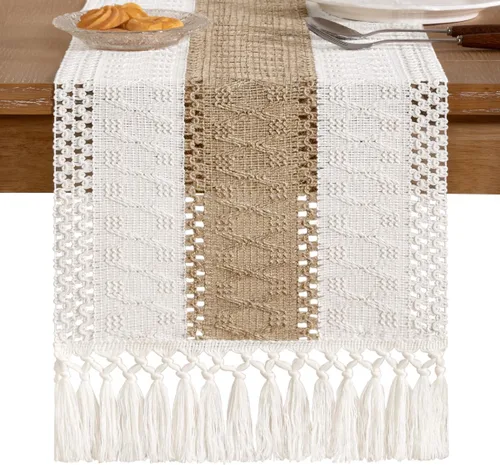 Miniatura 5 de Socomi Camino de mesa bohemio de verano rústico para comedor, cocina, centro de mesa, decoración pequeña de macramé de algodón y lino, camino