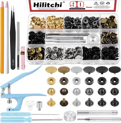 Hilitchi Kit de 103 cierres de cuero, 6 colores de 0.492 in, broches de presión de metal, broches de botón de metal con alicates a presión,