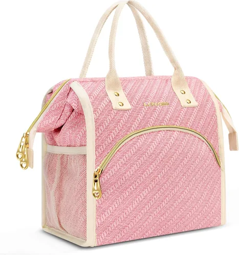 Miniatura 12 de Bolsa de almuerzo aislada para mujer, bolsa de almuerzo de apertura amplia, soporte grande para bebidas, organizador térmico de nailon duradero