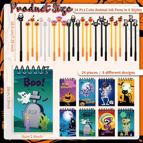 Miniatura 3 de Jetec Juego de 48 cuadernos de Halloween, mini bloc de notas en espiral, divertidos bolígrafos de gel de dibujos animados, fantasma, calabaza