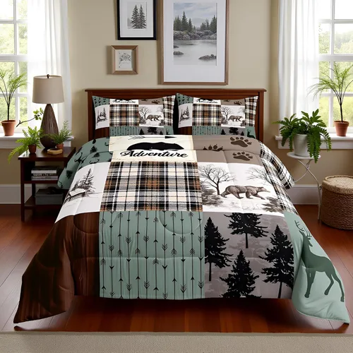 Miniatura 208 de Juego de edredón de cuernos de ciervo tamaño individual, juego de ropa de cama rústica de granja con huellas de oso y pinos para decoración