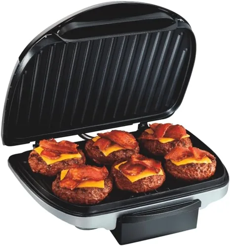 Hamilton Beach Parrilla eléctrica para interiores, 6 porciones, grande de 90 pulgadas cuadradas, platos antiadherentes fáciles de limpiar, bisagra