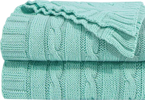 Miniatura 11 de NTBAY Manta de punto de cable de 100 % algodón puro, súper suave y cálida de 51 x 67 pulgadas, manta de punto para sofá, sillón, cama, extra Amarillo