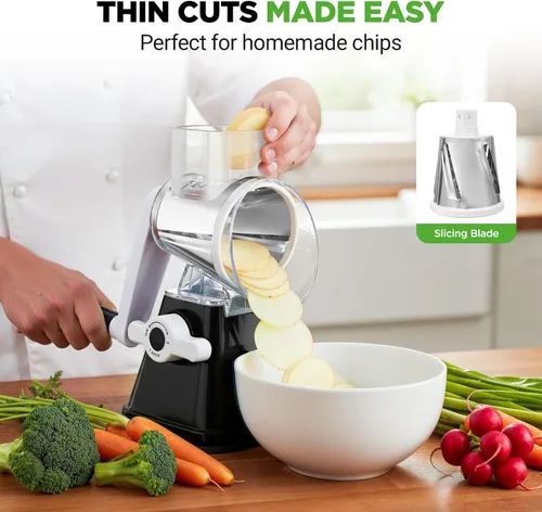 Miniatura 6 de Nutrichef Rallador y triturador de queso 3 en 1 Base de succión fuerte, mango giratorio con bloqueo de seguridad Incluye manivela y 3 cuchillas
