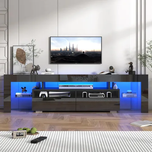 Miniatura 10 de Squireewo Soporte de TV con luces LED de 16 colores, consola multimedia con cajón y estante abierto de vidrio para TV de 60/65/70 pulgadas, centro