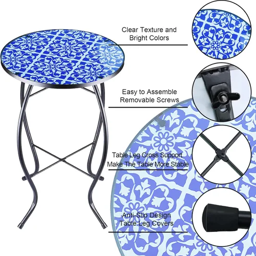 Miniatura 3 de Arbuxzuy Mesa auxiliar pequeña de 12 pulgadas para exteriores con mosaico azul-blanco, mesa de patio con mosaico de vidrio para interiores, mesa
