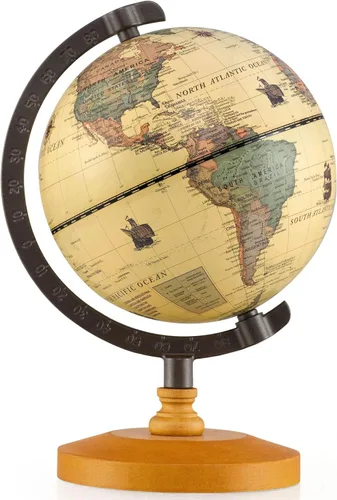 COSTWAY Globo antiguo de 5.5 pulgadas de diámetro, mini globo giratorio con base de madera, mapa moderno y color vintage, para aprendizaje educativo