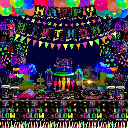 Miniatura 4 de 231 piezas de suministros de fiesta de neón que brillan en la oscuridad, decoraciones de fiesta de luz negra, juego de vajilla para fiesta, platos