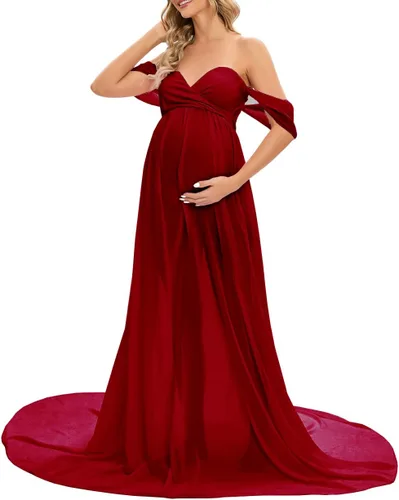 Miniatura 3 de ZIUMUDY Vestido largo de gasa de maternidad para sesión de fotos, fotografía con hombros descubiertos, vestido de gasa transparente envuelto