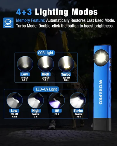 Miniatura 7 de WORKPRO linterna recargable de trabajo, linterna de bolsillo plana de 600 lúmenes con luz UV, base magnética y clip, linterna LED EDC delgada