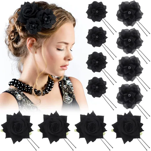 BBTO 12 pinzas para el pelo de rosas, accesorios mexicanos para bailarinas de flamenco, mujeres, flores mexicanas, clips de flores para novia, Negro