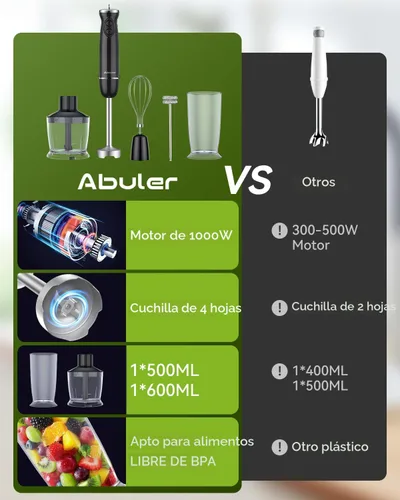 Miniatura 3 de Batidora de mano de inmersión, batidora de mano 5 en 1 de 1000 W, sin BPA, licuadora de mano de 12 velocidades 304 inoxidable, vaso de precipitados