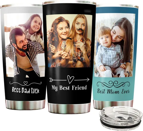 Vaso de fotos personalizado con asa para papá, mamá, familias, taza de viaje de acero inoxidable con impresión de doble cara aislada, imagen