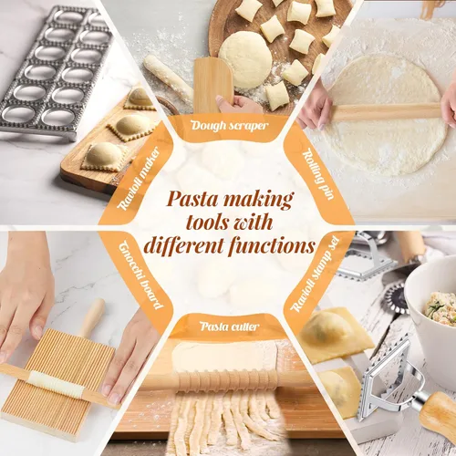 Miniatura 4 de Tioncy Juego de 9 herramientas para hacer pasta, tablero de ñoquis de madera con molde de ravioles, máquina de ravioles, sello de raviolo, rodillo