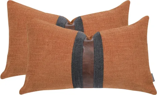Miniatura 18 de Juego de 2 fundas de almohadas decorativas de cuero, decoración de exteriores, lino con parches, almohadas de cuero sintético marrón, funda
