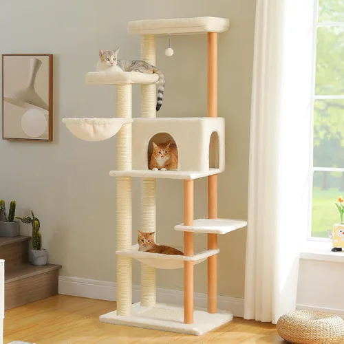 PAWZ Road Árbol Grande para Gatos, Torre de Madera para Gatos de 73 Pulgadas de Alto con 2 Hamacas Espaciosas, 2 Camas Superiores Grandes, 8 Postes