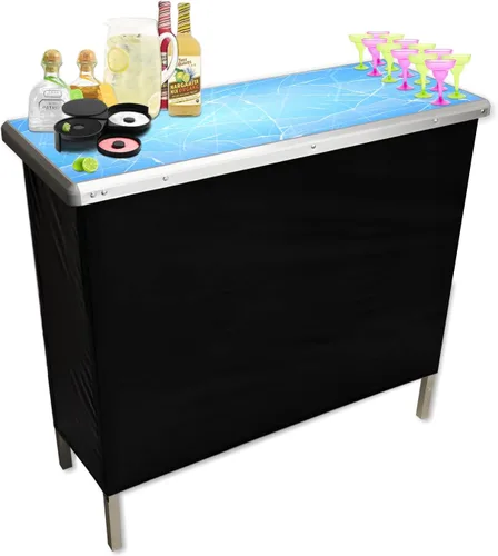 ICED Barra portátil plegable para fiestas con falda negra, estante de almacenamiento y bolsa de transporte, juego individual